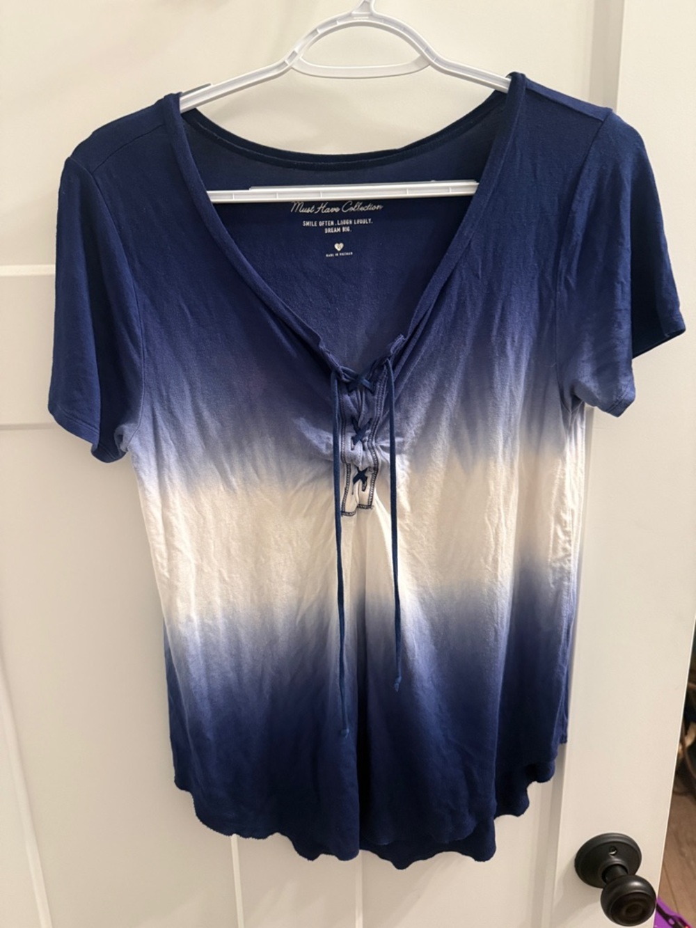 Hollister Navy & White Ombre Lace-Up Short Sleeve Top